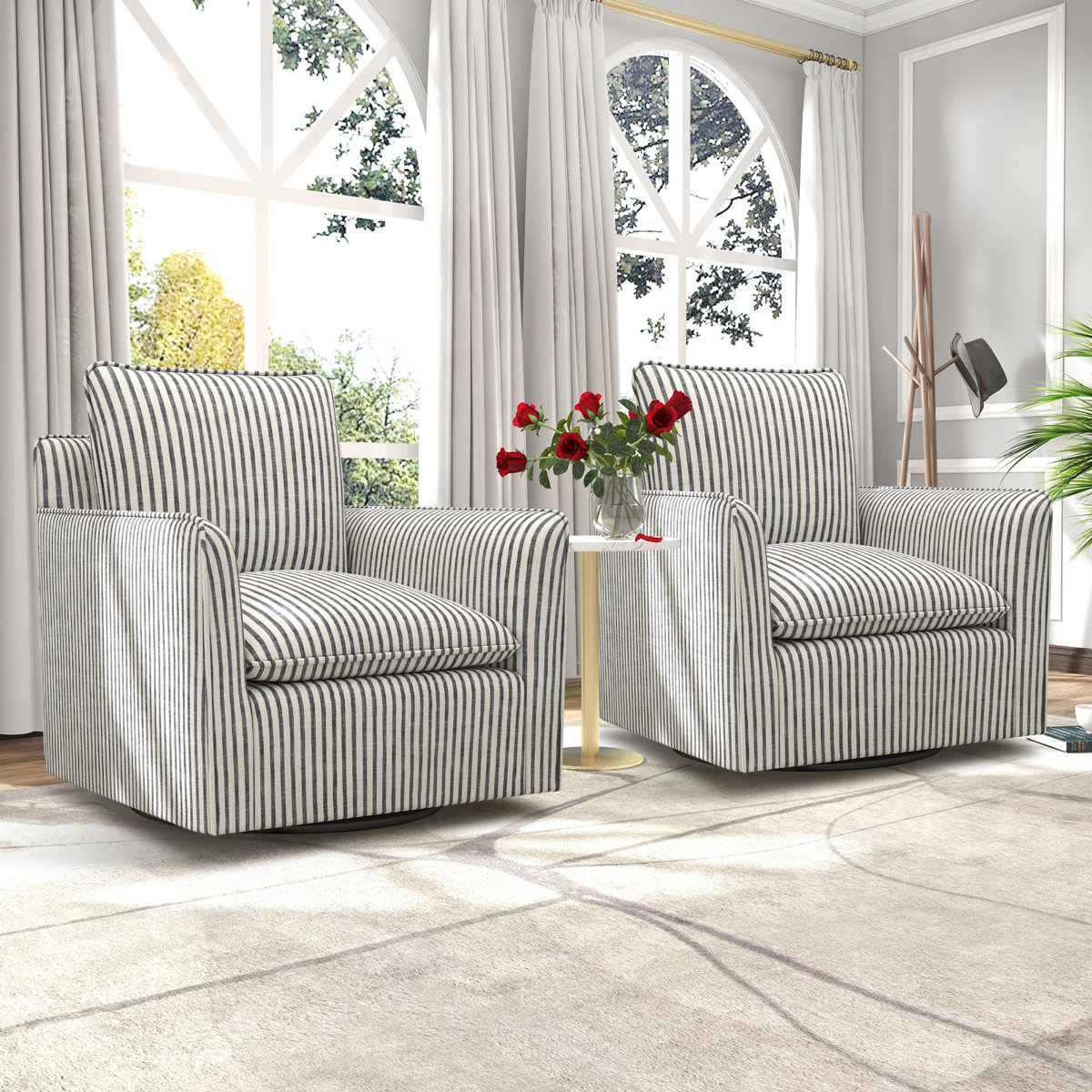 Romines 29.7" W Modern Soft Stripe Upholstered Swivel Barrel Chair with Removable Cushion